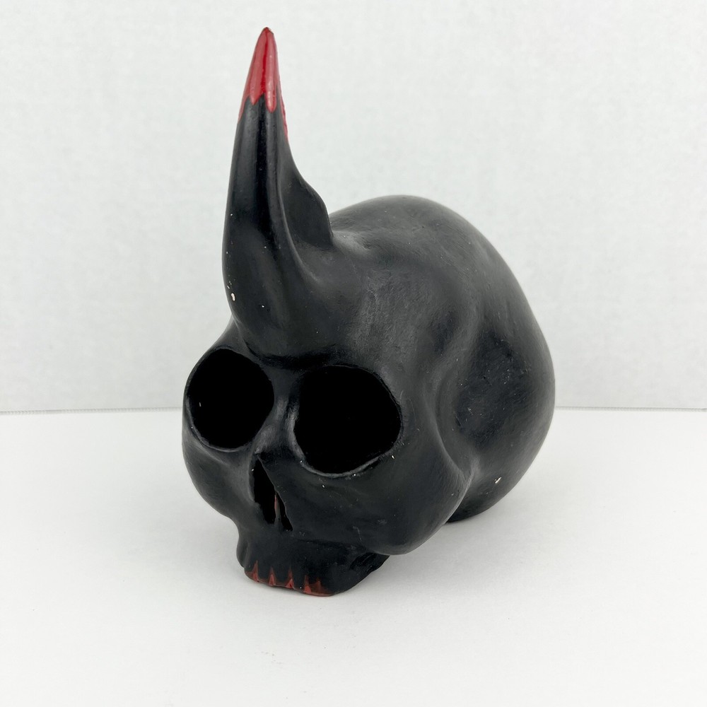 Ceramic Black Skull W/ 1 Horn Painted Sculpture Halloween Handmade One Of A Kind