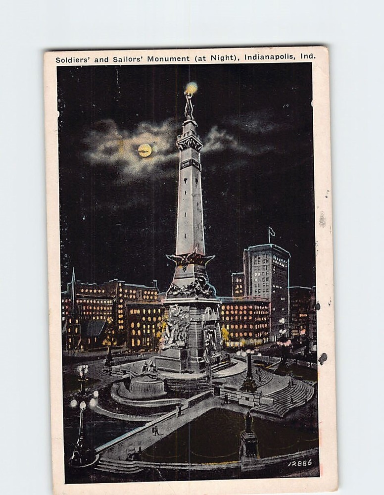 Postcard Soldiers' and Sailors' Monument at Night Indianapolis Indiana USA