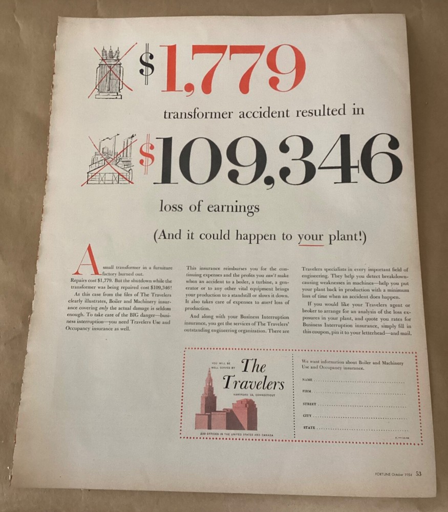 The Travelers Insurance print ad 1954 vintage 1950s art illus. retro advert