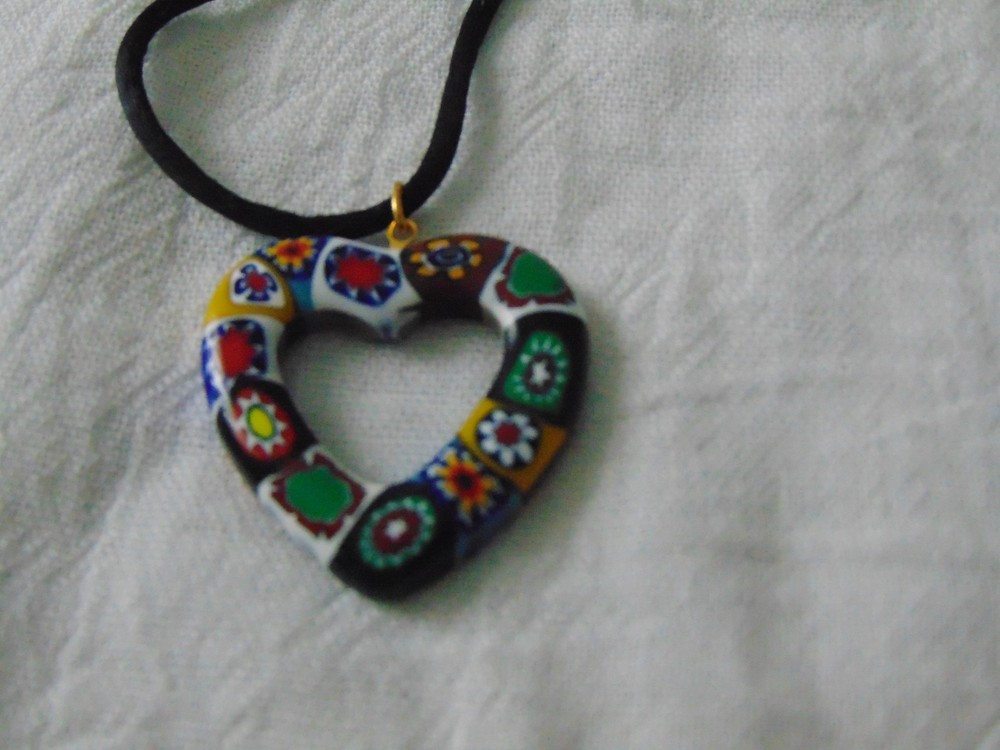 vintage Millefiore glass heart pendant black silk cord necklace