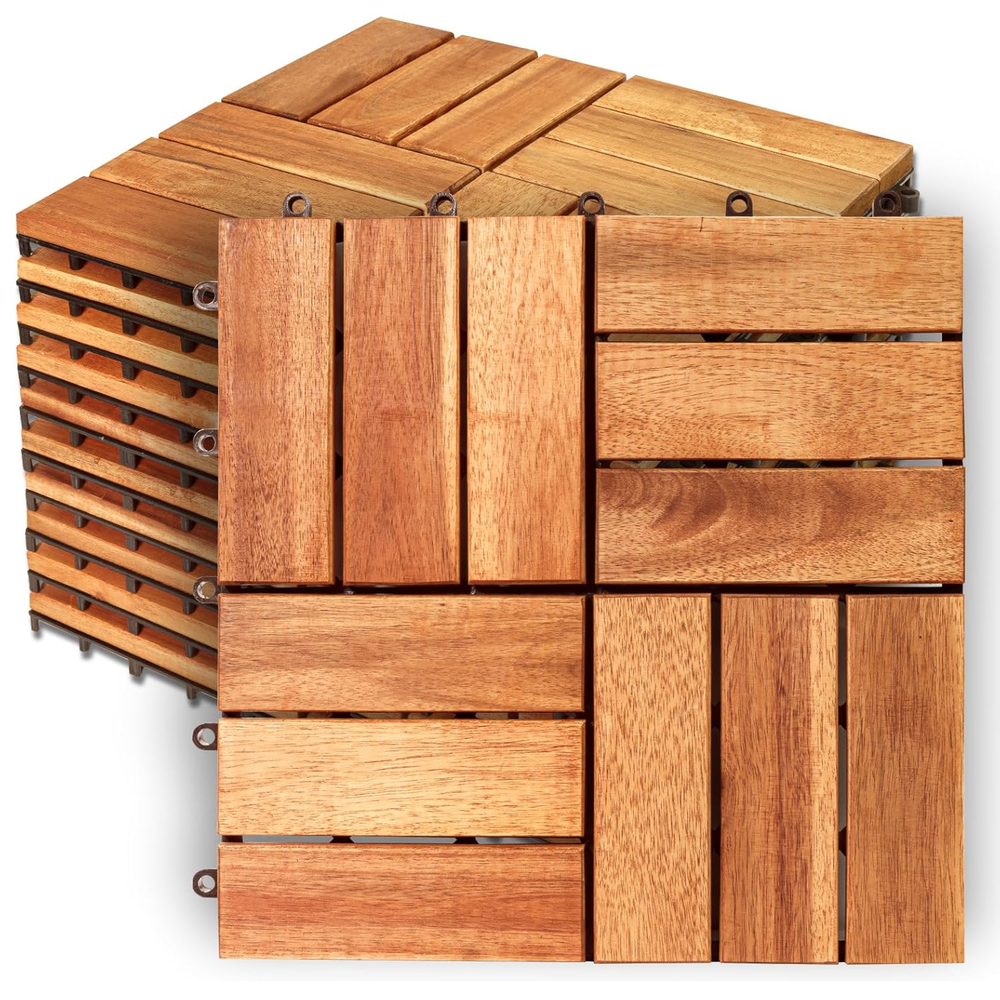 12x12 Acacia Wood Deck Tiles – Waterproof Interlocking Outdoor Flooring – Set of 10-image