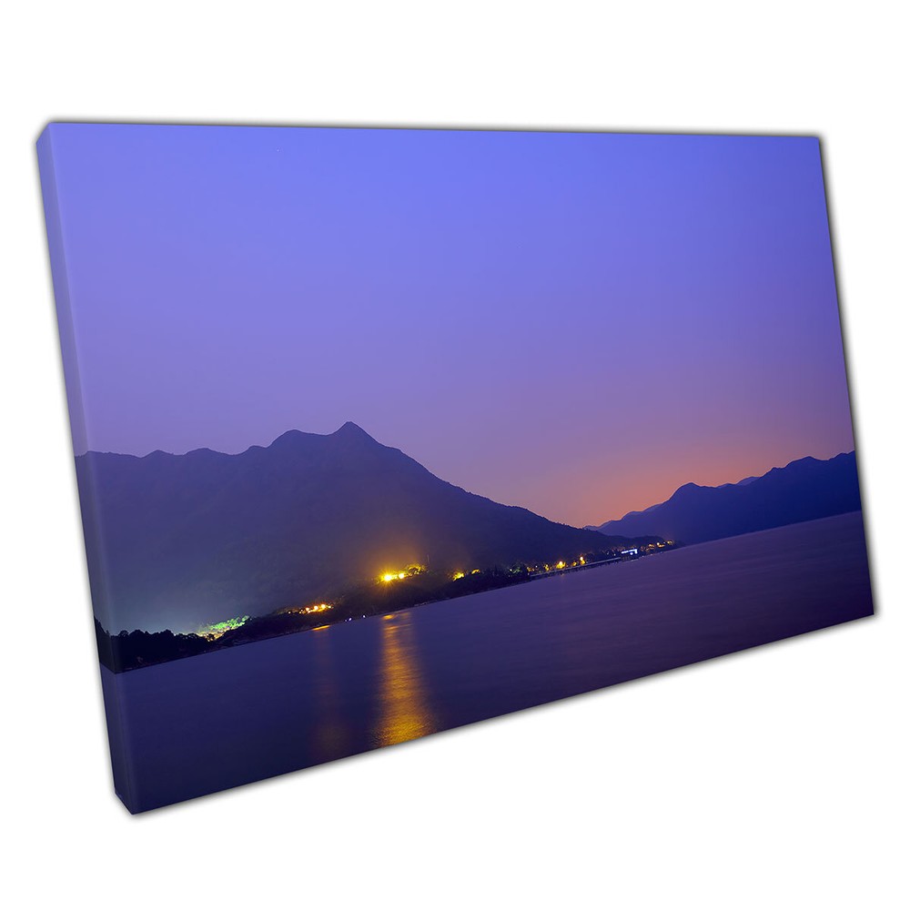 Mountainous Seascape At Night Lights Of The City Illuminating Sea Print Canvas