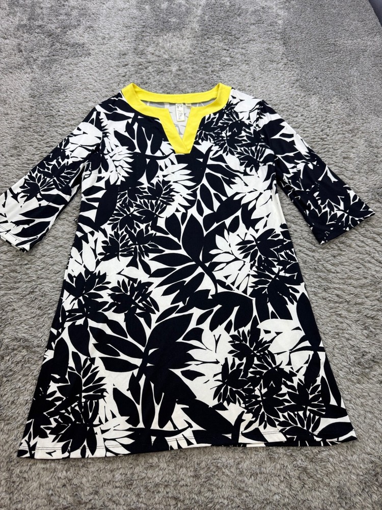 Emma & Michele Dress Womens Medium Black Floral 3/4 Sleeve Geometric Stretch