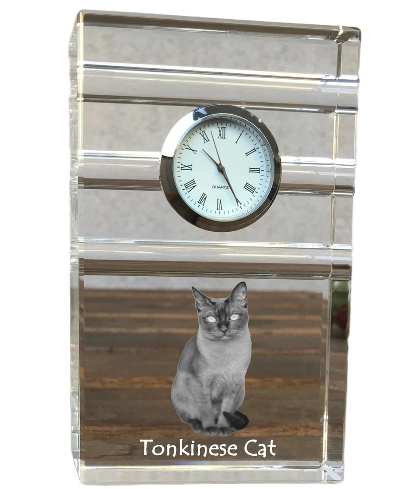 Tonkinese Cat - Glass Clock With Photo, Cat Photo In Crystal, Personalized Stand