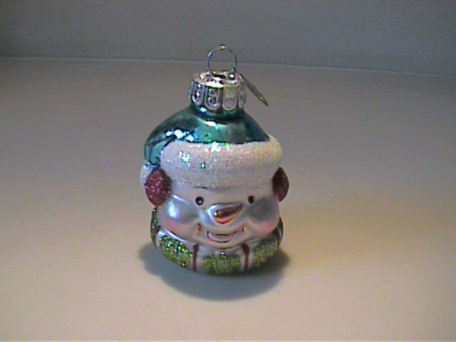GLASS BLOWN CHRISTMAS ORNAMENT SNOWMAN HEAD WITH GLITTER