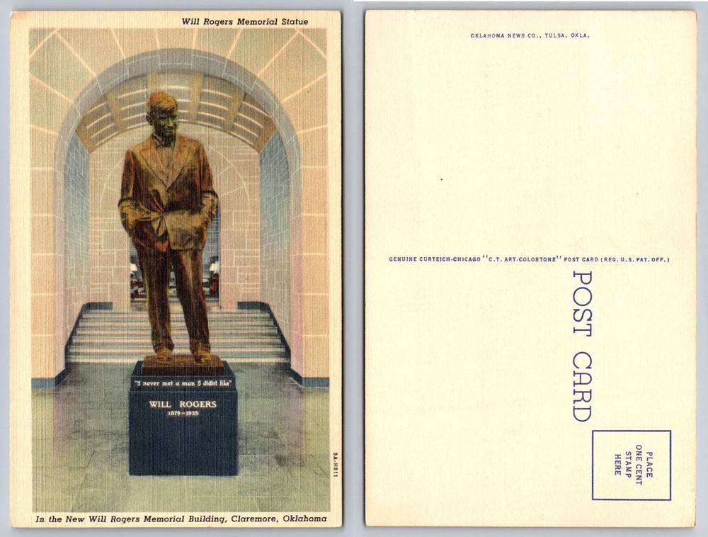 Will Rogers Memorial Statue Claremore Oklahoma Linen Postcard CT Art-Colortone