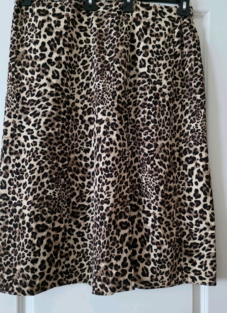 Leopard Print Satin Slit Midi Skirt Womens 2x Brown Black Boho Grunge Festival