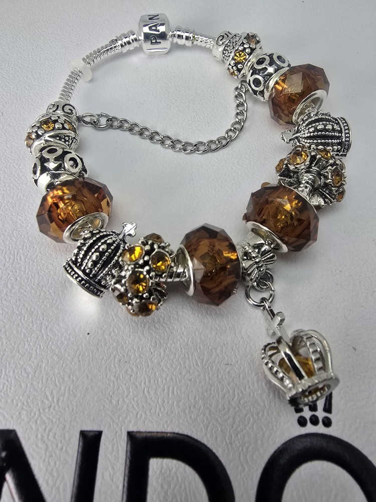 SILVER BRACELET WITH CRYSTAL CROWN AND LOVE EUROPEAN CHARMS,7.5