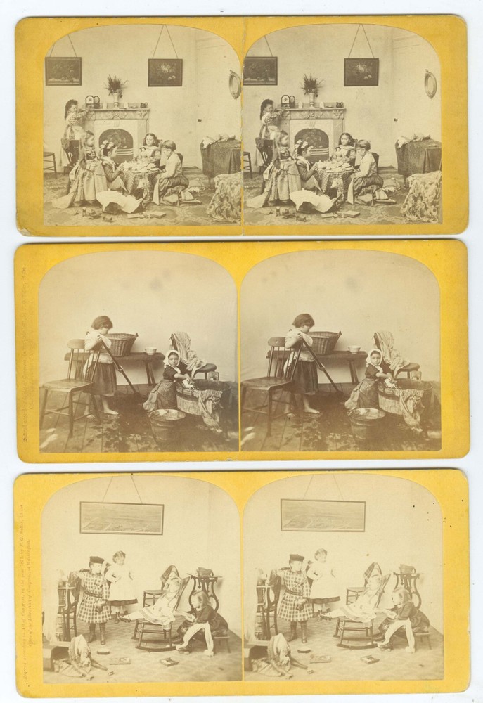 D0385~ Stereoscopic Treasures 3 Stereoviews – Wash Day-Photographer-Tea Party