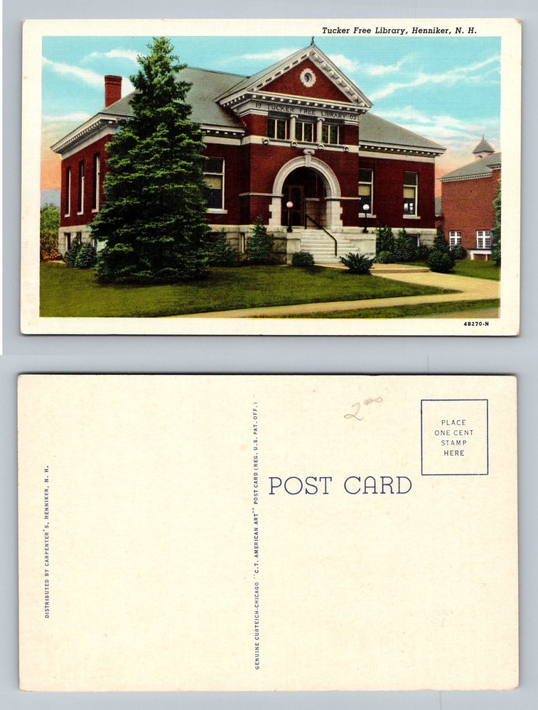 Henniker, NH-New Hampshire, Tucker Free Library Brick Entrance Vintage Postcard