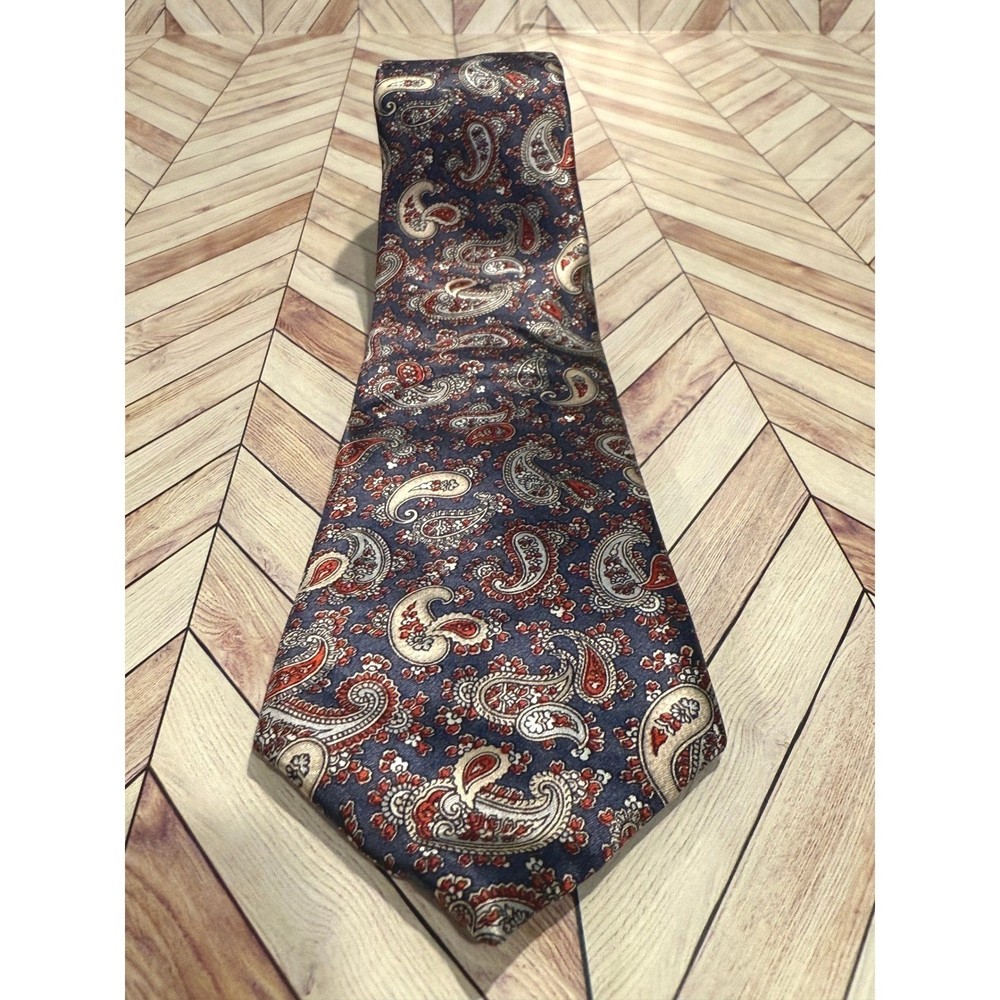 Oscar de la Renta Silk Velour Paisley Necktie Men Navy Red Formal Neck Tie