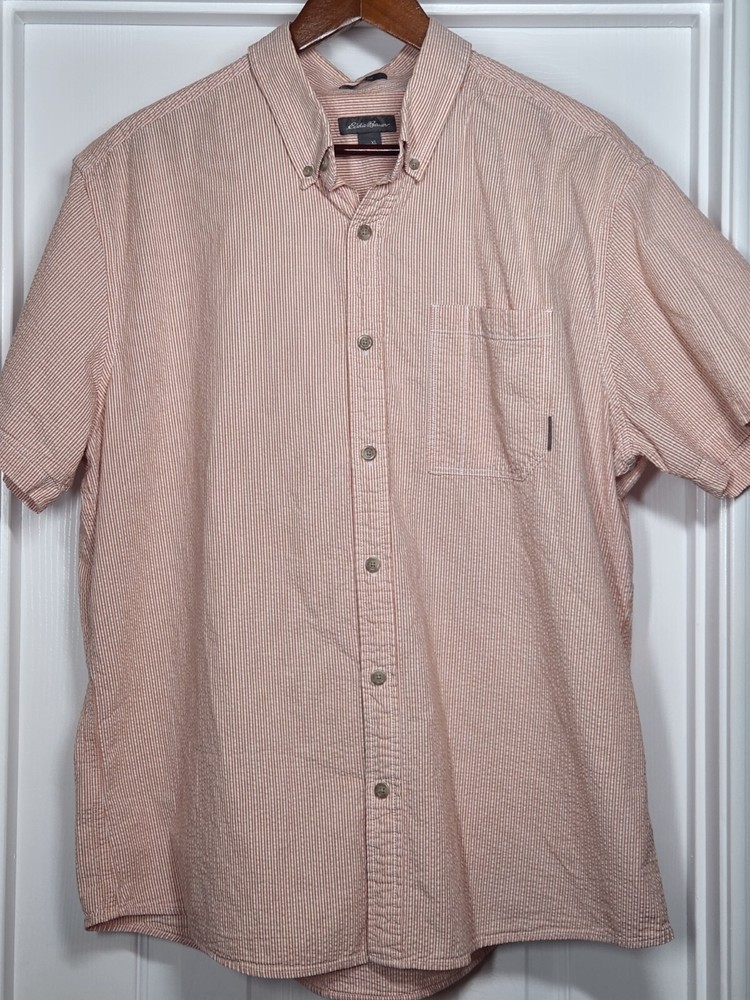 Eddie Bauer Seersucker Shirt Mens XL Pink Classic Fit Short Sleeve Striped