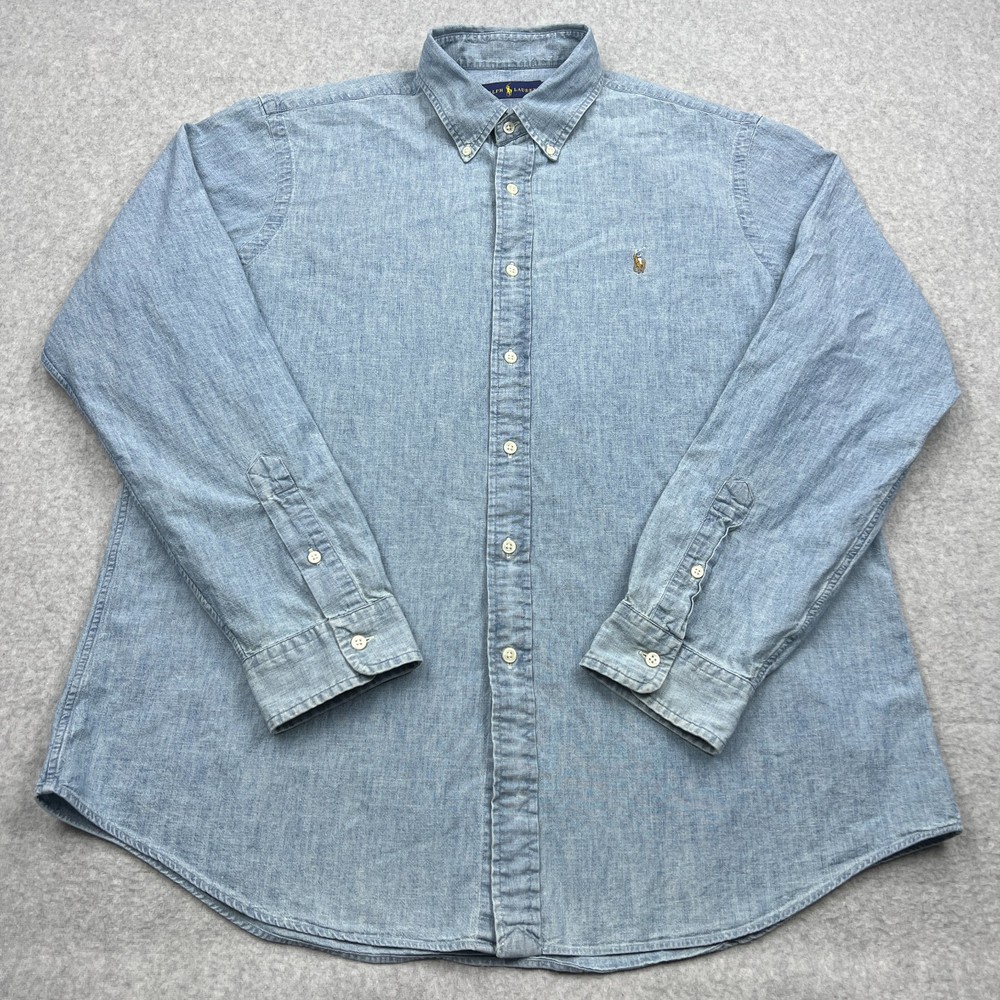 Ralph Lauren Denim Chambray Shirt Men's XL Blue Classic Flesh Pony Button Up 90s