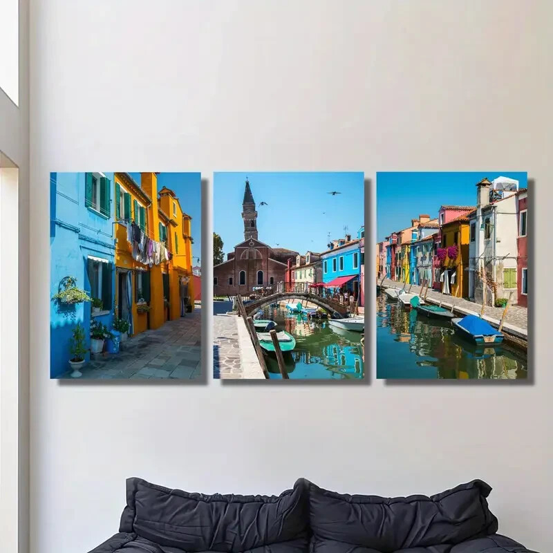 3pcs  Bell tower of San Martino colorful houses  Metal Print  Ready to Hang Art