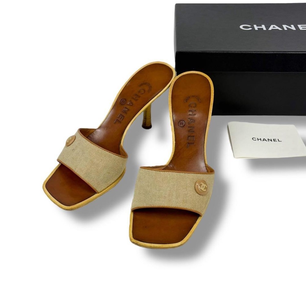 Rare CHANEL Coco Button Sandals Mules Beige Canvas Women's Size 35.5 (US 5.5)