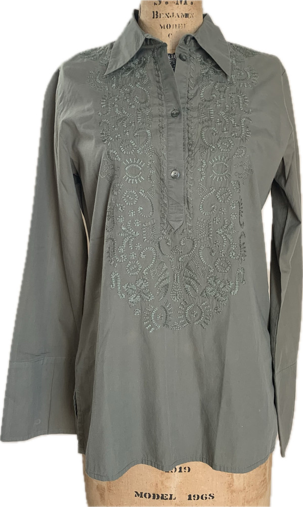 H&M l.o.g.g.Embroidered Soft Poplin Button-Down Shirt Cotton Olive Size 8 Boho