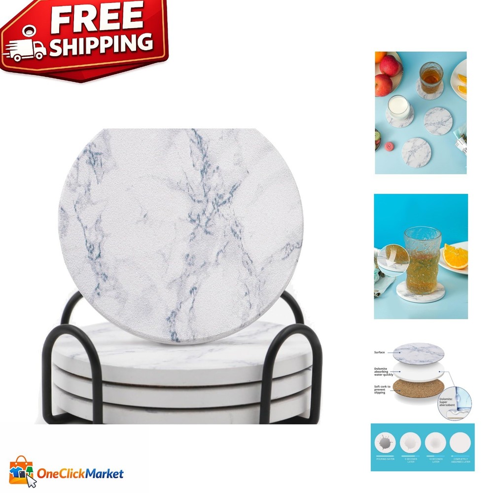 Ivory White Marble Drink Coasters Set of 4 – Includes Stylish Metal Holder