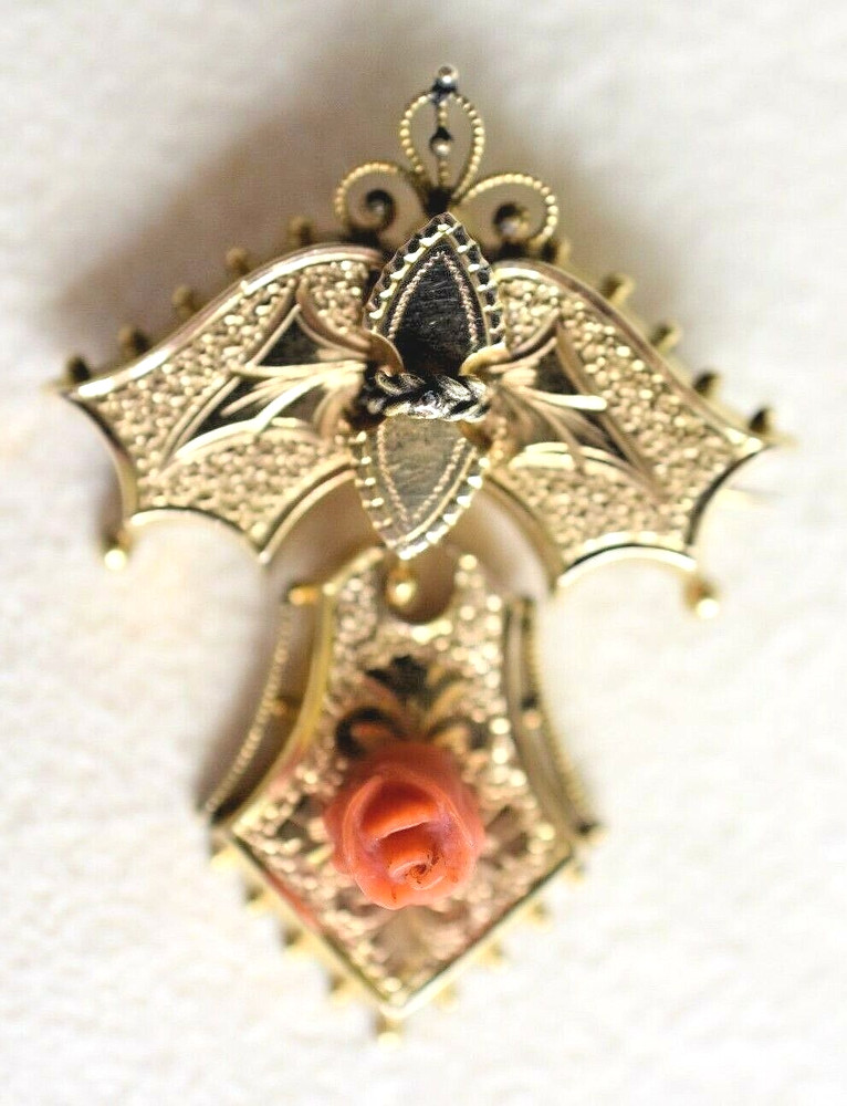 Antique Victorian Carved Coral Rose Dangle Yellow Rolled Gold Brooch Bar Pin