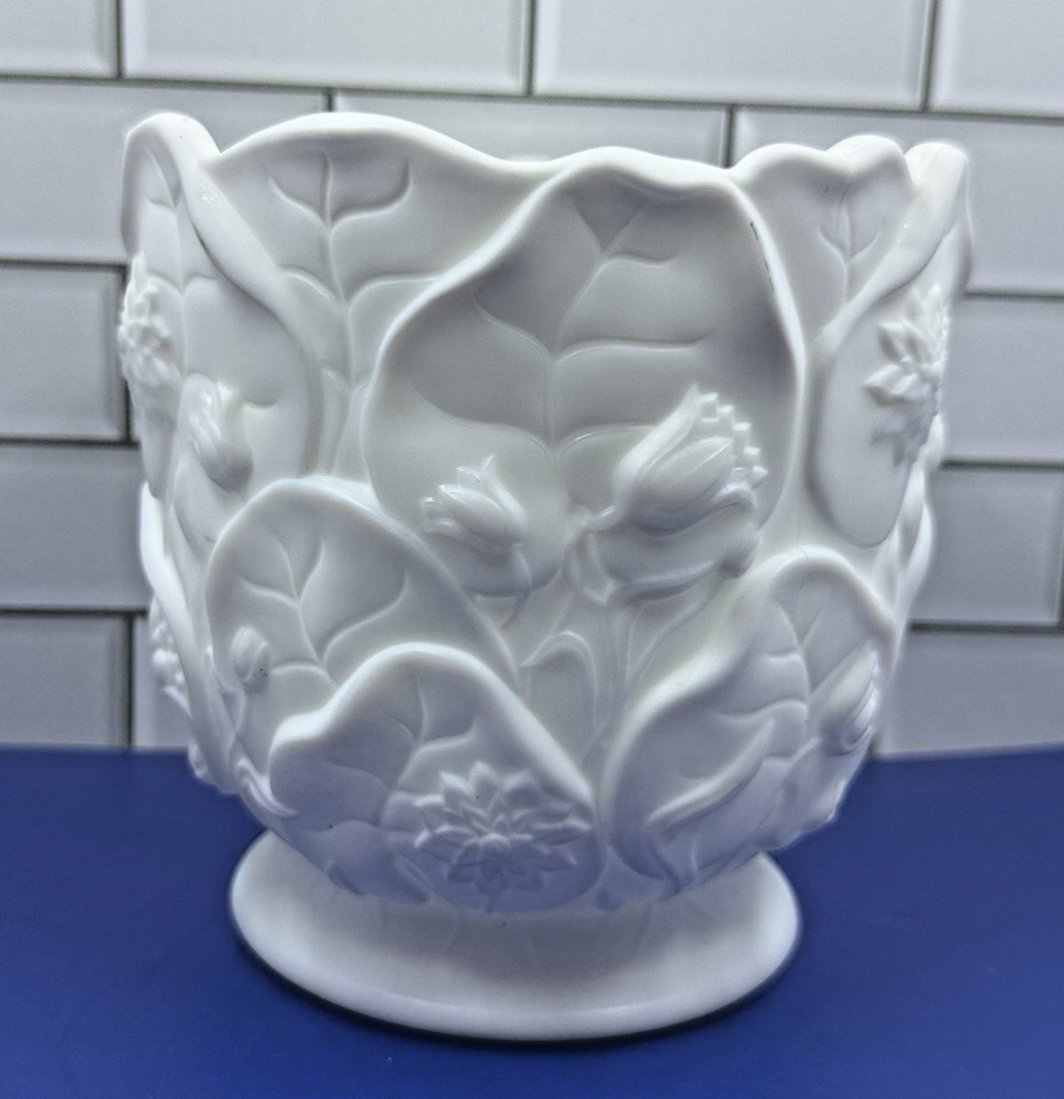Fenton White Milk Glass Water Lily Pattern Planter Vase