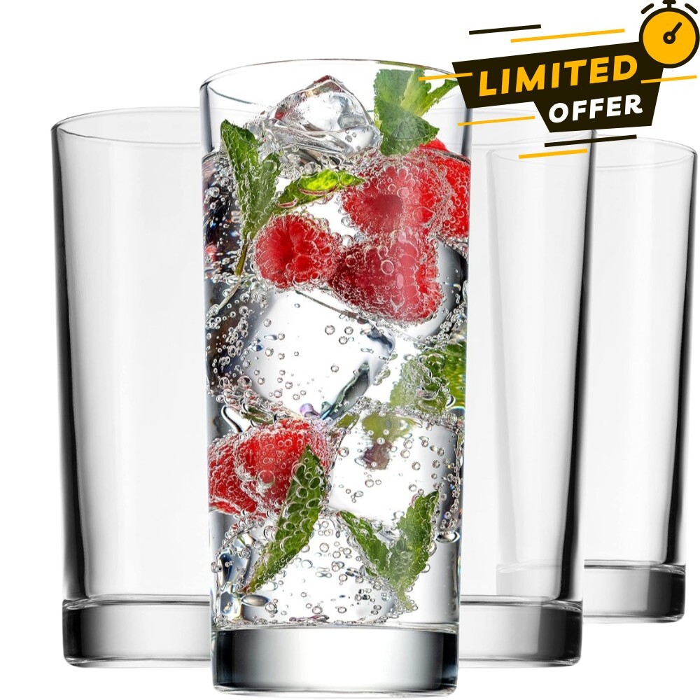 Highball Drinking Glasses, Italian Made Tall Glass Cups, Water Glasses Drinking