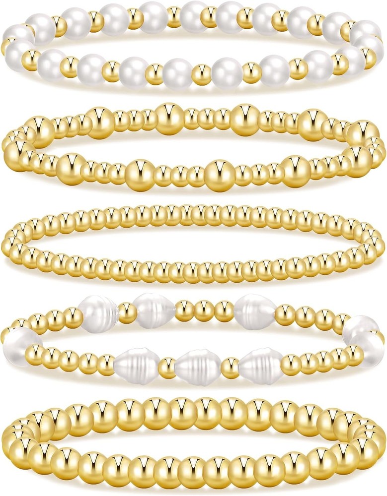 Gold Pearl Beaded  Bracelets for Women,Gold Pearl Stackable Stretch