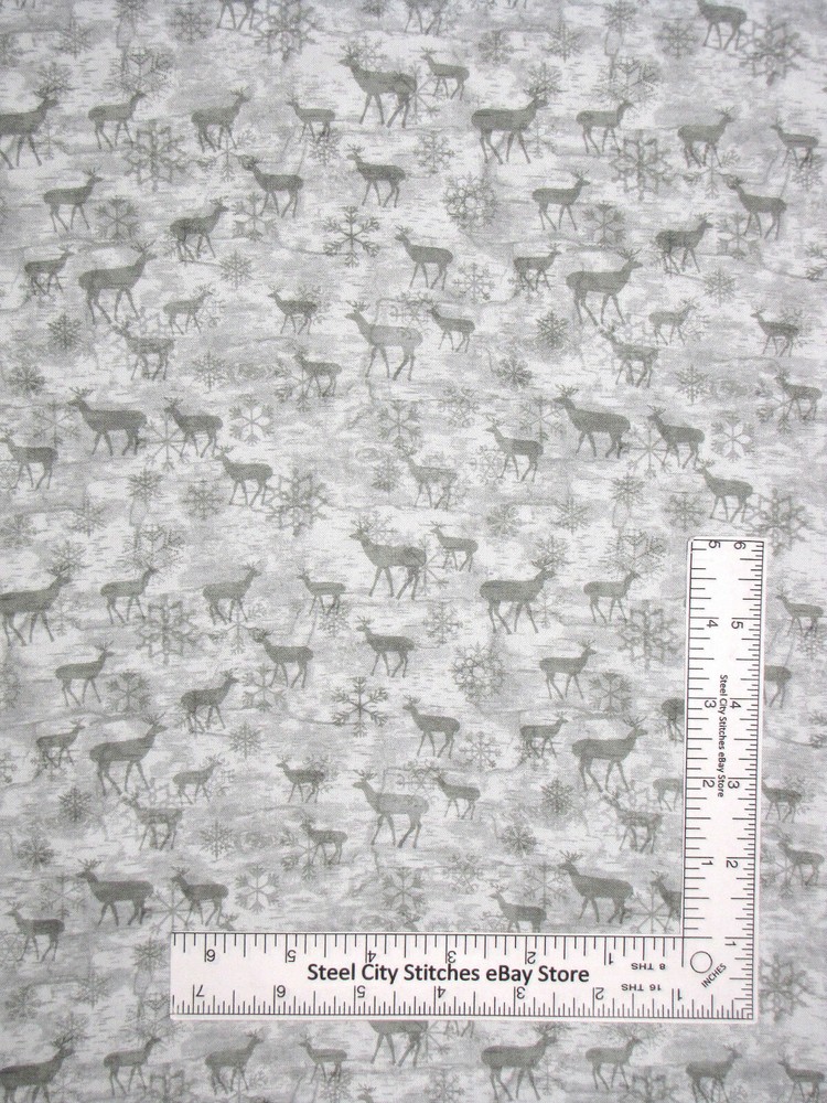 Christmas Fabric Deer Snowflakes Winter Grey Evening Frost Cotton Benartex Yard