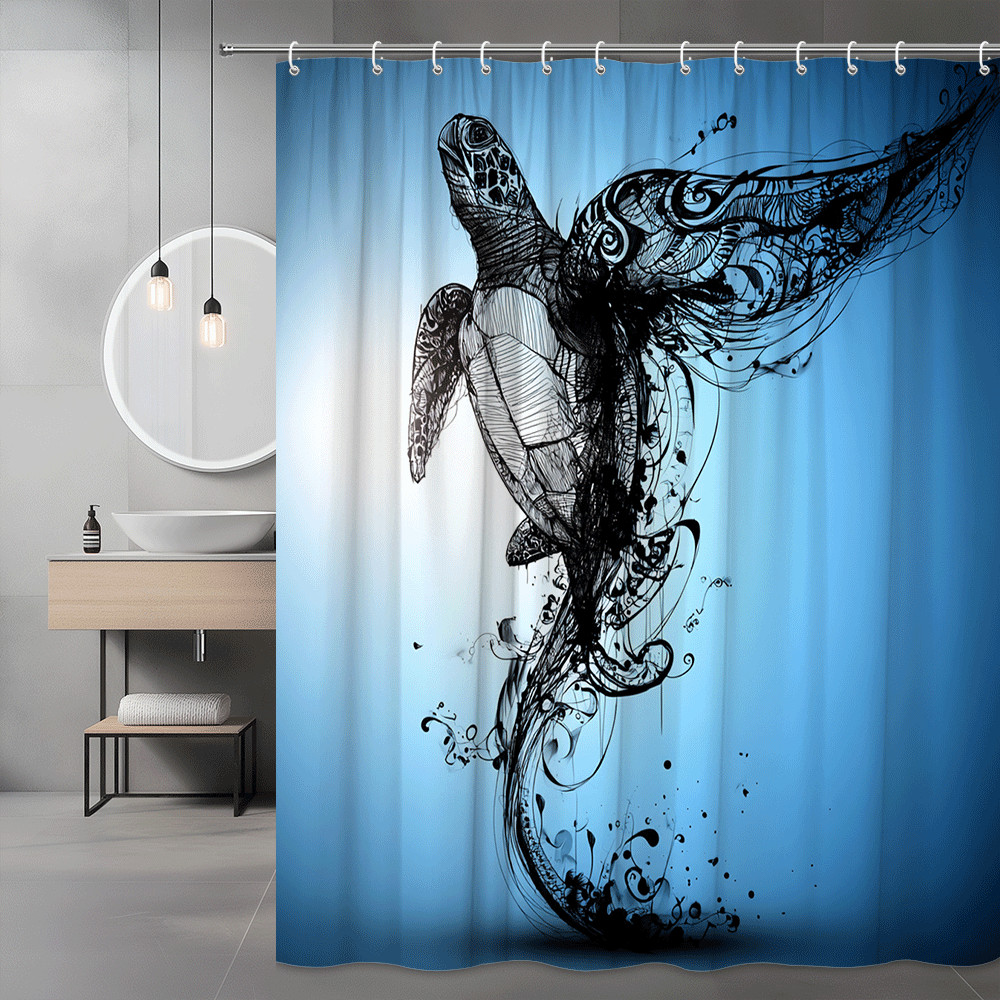 Abstract Sea Turtle Shower Curtain Blue Black Print