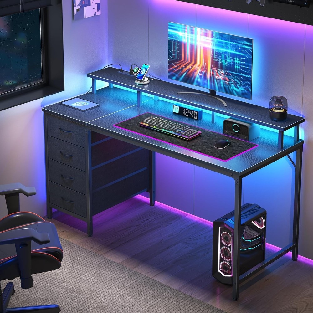 47 inch Computer Desk with Drawers & Power Outlets, Home Office Desk with LED
