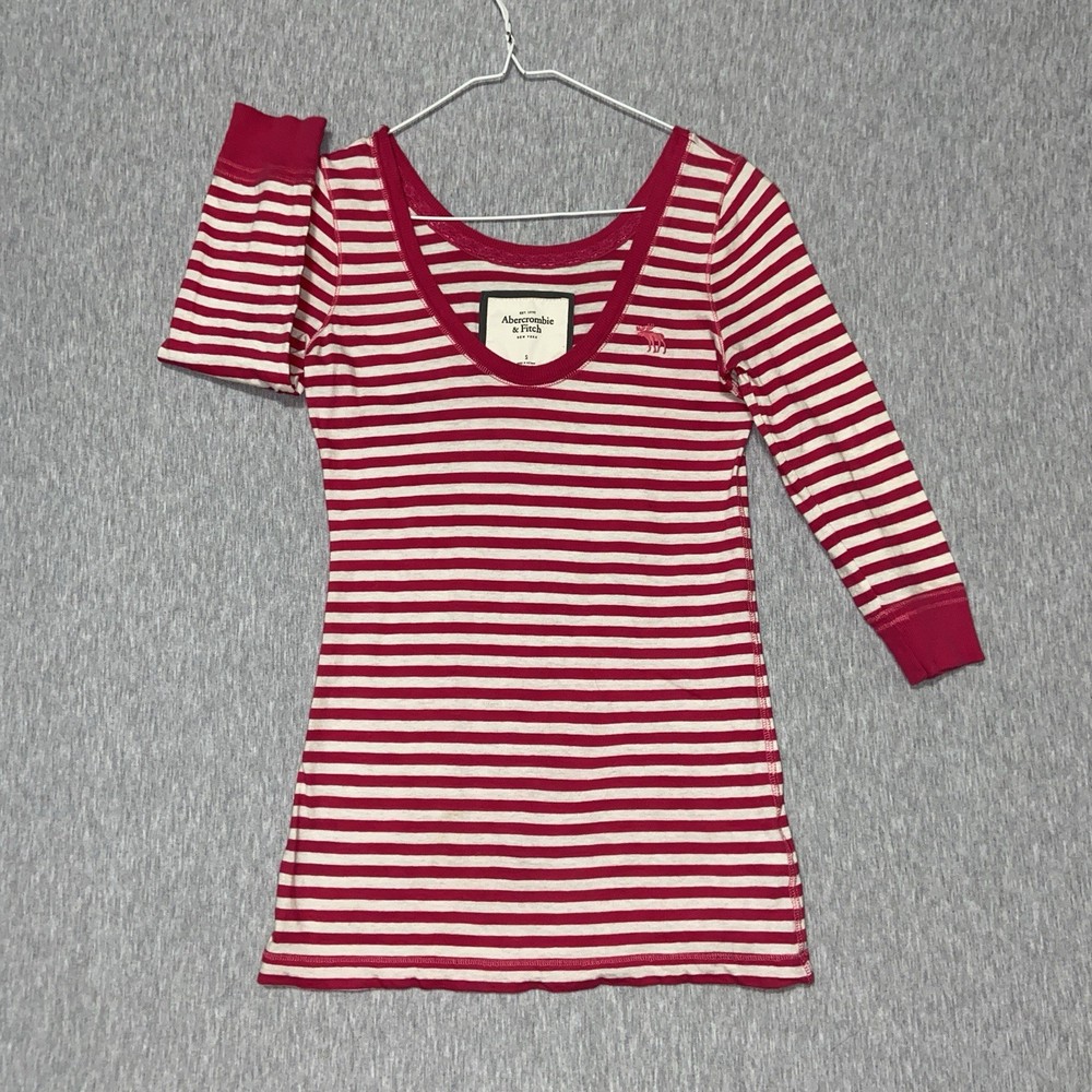 Abercrombie & Fitch Y2K Sz S Pink Striped Scoop Neck 3/4 Sleeve Top