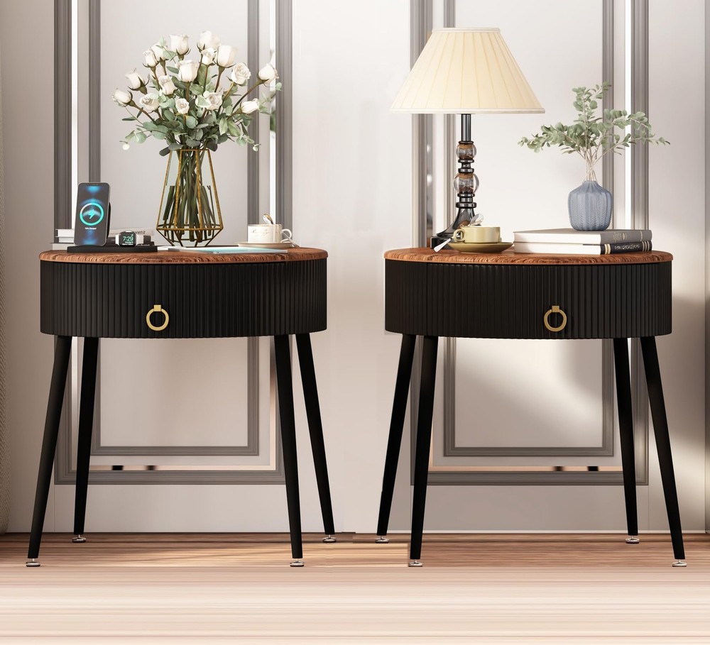Modern Round Side Tables Set of 2 with Drawer, Nightstand & Bedside End Tables