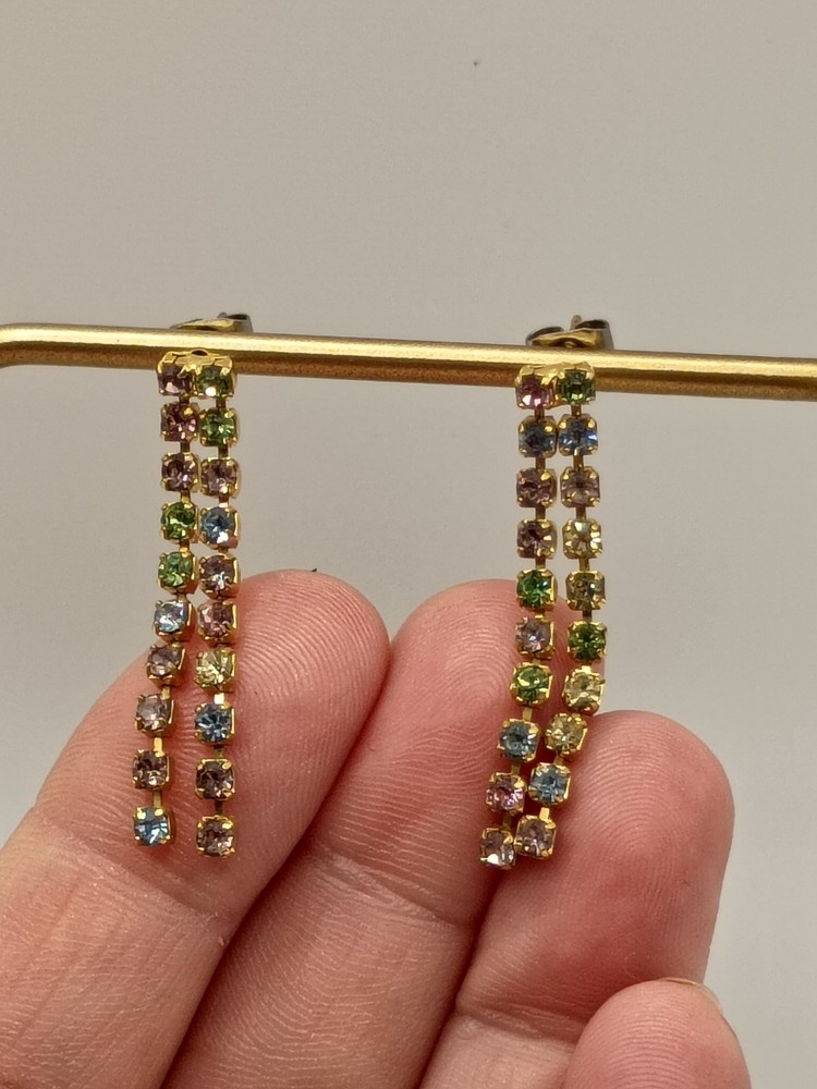 Vintage Fruit Salad Multicolor Rhinestone Dangle Earrings Gold Tone