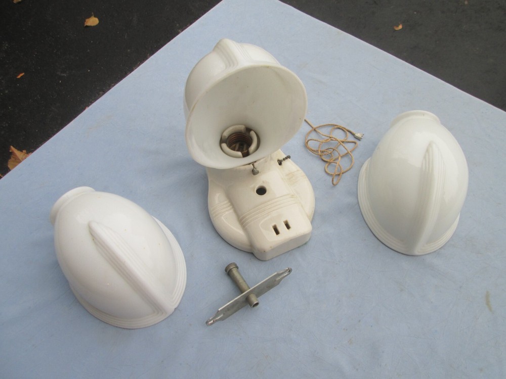 Vtg Lot (3) Art Deco Milk Glass Light Shades  Bathroom Fixture Ribbed Pattern