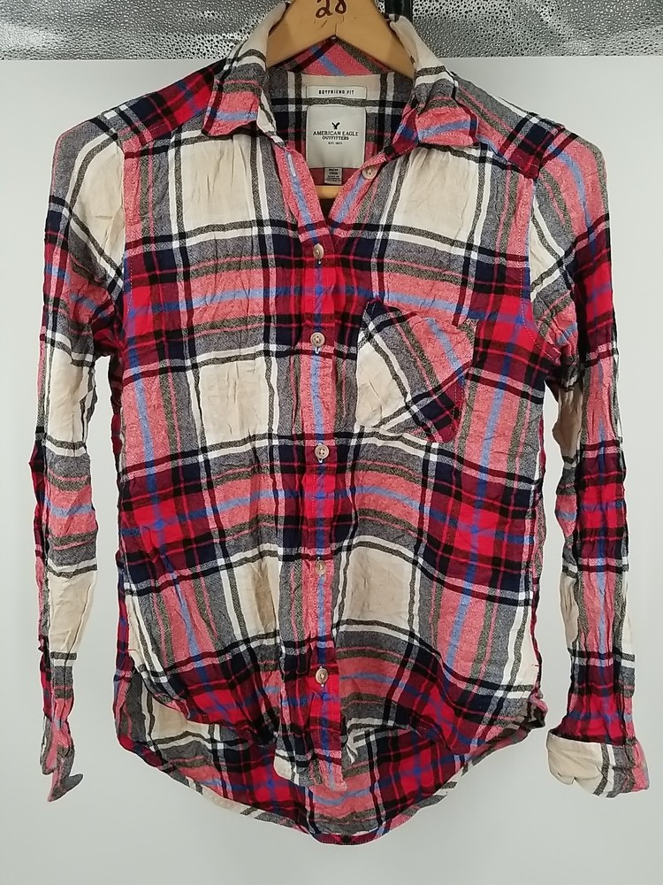 American Eagle Womens Shirt XS Boyfriend Fit Plaid Flannel Long Sleeve Button Up