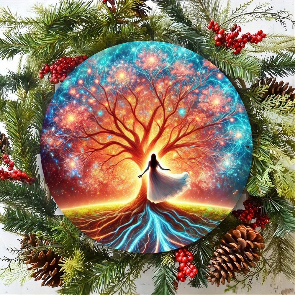 8 Inch Tree of Life Cosmic Nebula Round Aluminum Wall Art Blue Red