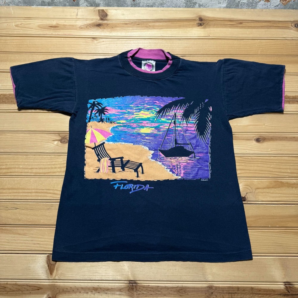 Vintage 80s Florida Sailboat Beach Tropical Souvenir Ringer T-Shirt Men's Small