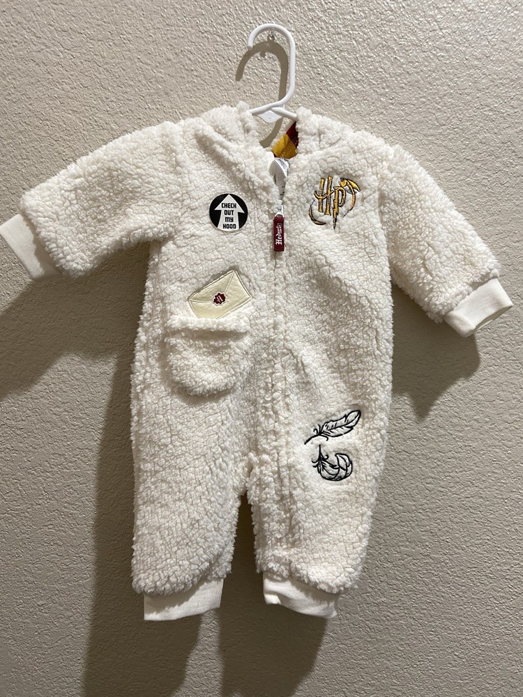 Harry Potter Hedwig White Fleece Hooded Zip Romper 3-6M Long Sleeve