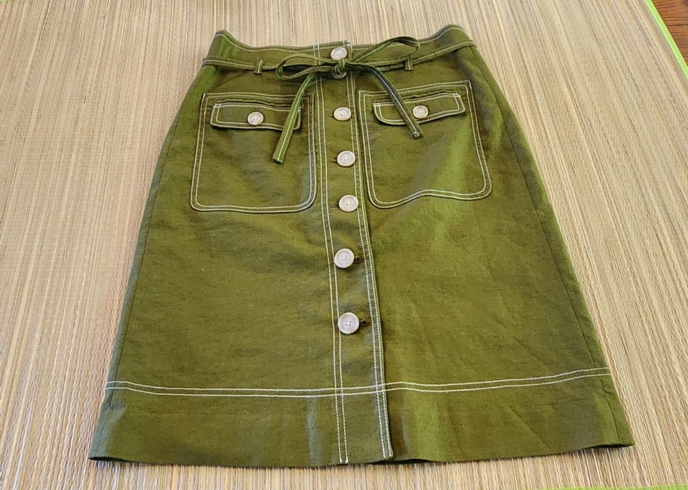 J. Crew Linen Blend Button Front A-Line Skirt Green Women's 6 Pre-owned EUC