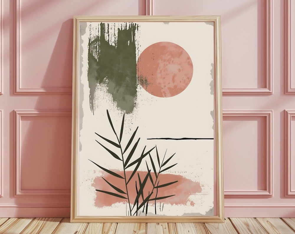 Large Pink Minimalist Japandi Wall Art Boho Botanical Print Gift For Plant