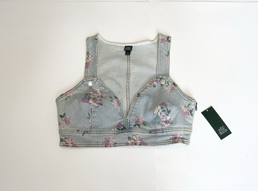 Women’s Junior’s Wild Fable Denim Crop Top Size Small Light Wash Floral NWT