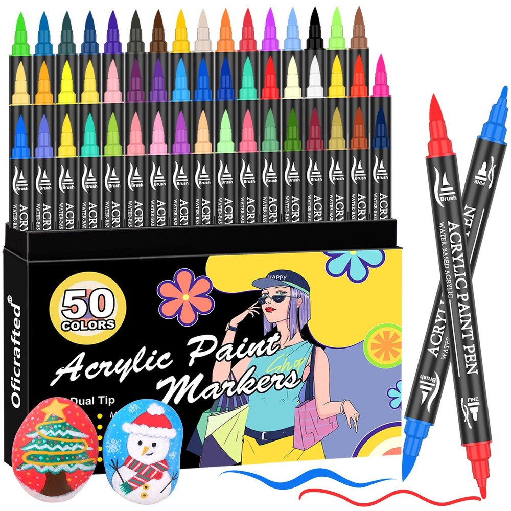 Oficrafted Acrylic Paint Pens, 50 Colors Dual Tip Markers with Fine and Brush...