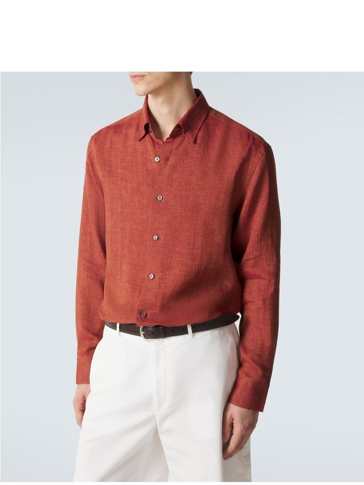 Brioni 100% Linen Long Sleeve Button Down Shirt Burnt Orange Size Medium