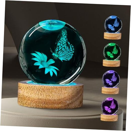 3D Butterfly Flower Crystal Ball Night Light - 60mm Elegant Gift for Women