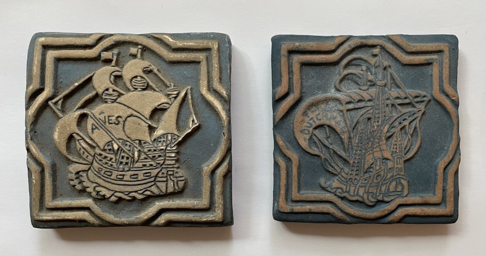 Pair Mercer Moravian Pottery Sailing Ship Tiles Pre-1930 (Mercer Lifetime)