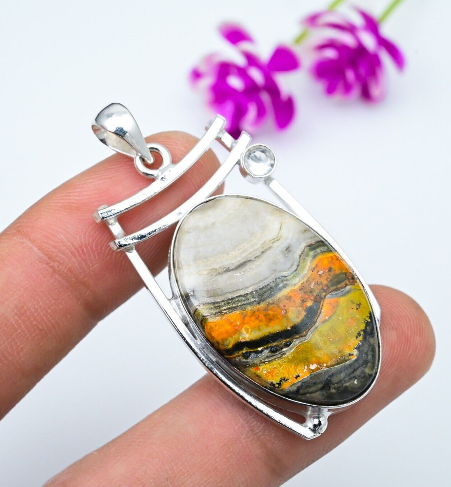 Bumble Bee Jasper Gemstone & White Topaz Pendant 925 Sterling Silver Jewelry