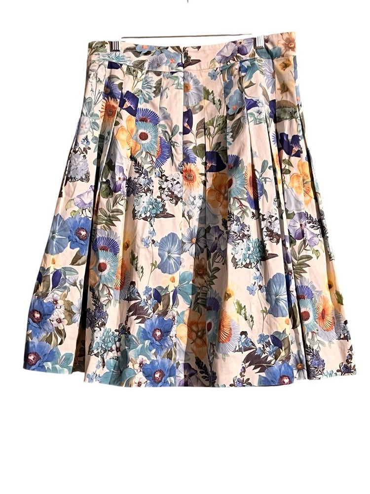 Talbots Floral Pleated Skirt Size 10 Women Blue Yellow Cream A-Line Cottagecore