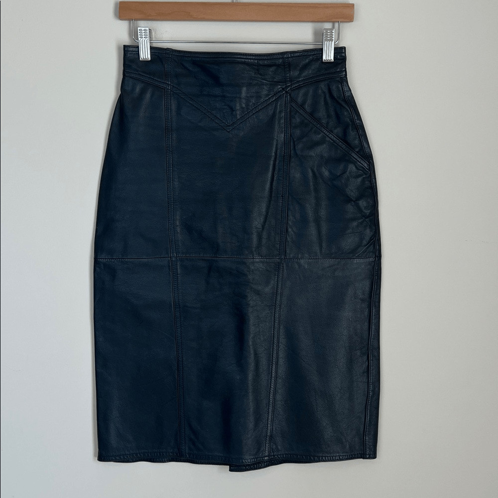 Vintage Genuine 100% Leather Midi Skirt Pencil 80s 90s Biker Size 6