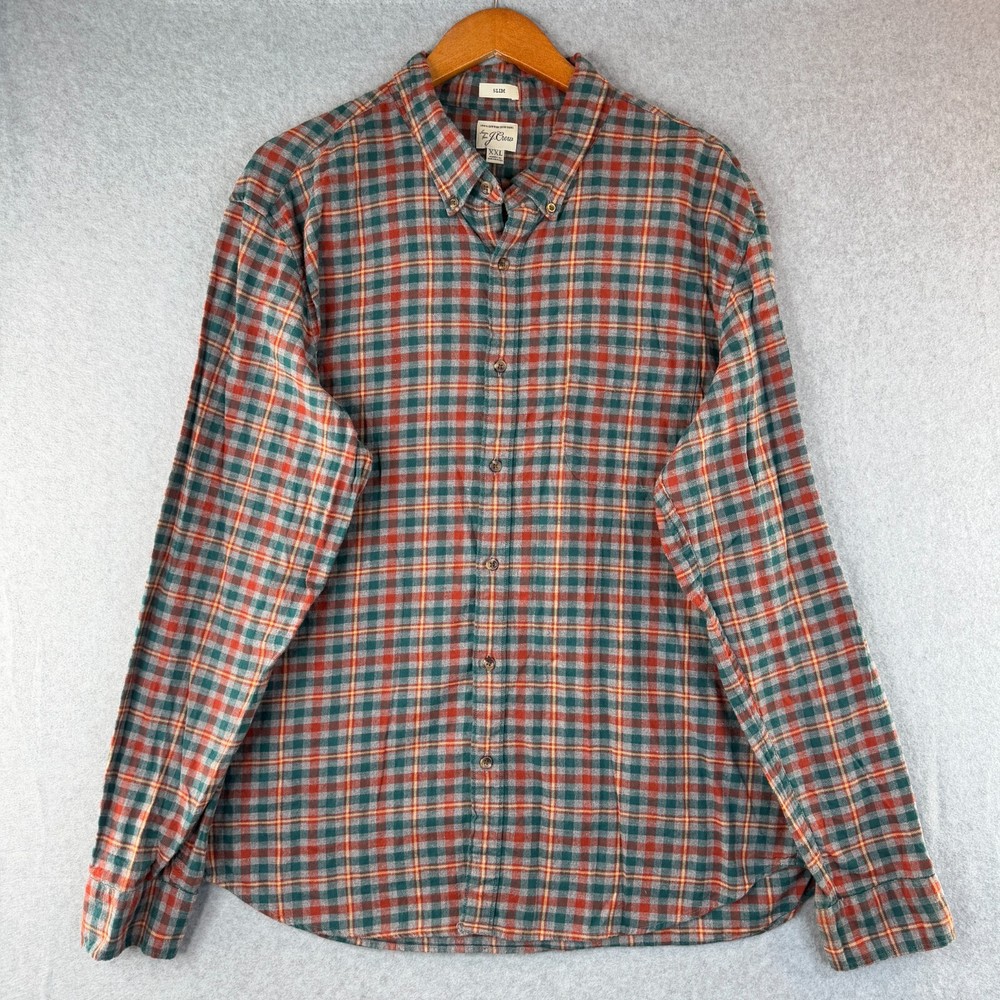 J.Crew Flannel Shirt Men's 2XL Multicolor Plaid Slim Fit Long Sleeve Button-Down