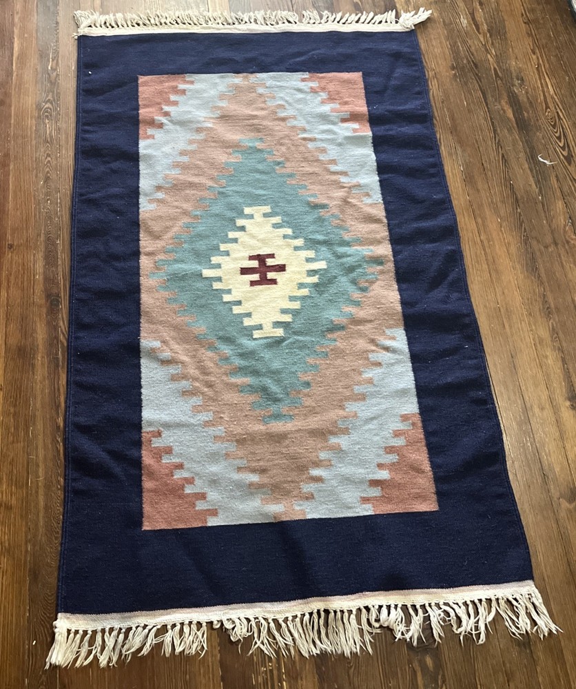 Vintage Hand Woven Turkish Carpet 60”x37” Traditional Wool Kilim Rug
