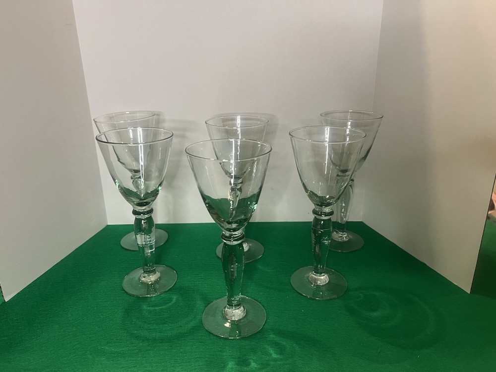 Set of 6 Mexican Recycled Clear Sea Green Blown Glass Stemmed Wine Goblets