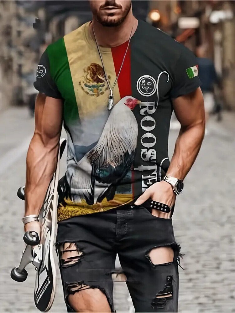 T Shirt Rooster Mexican Aztec Eagle Streetwear Men Trendy Yellow Black Red Green